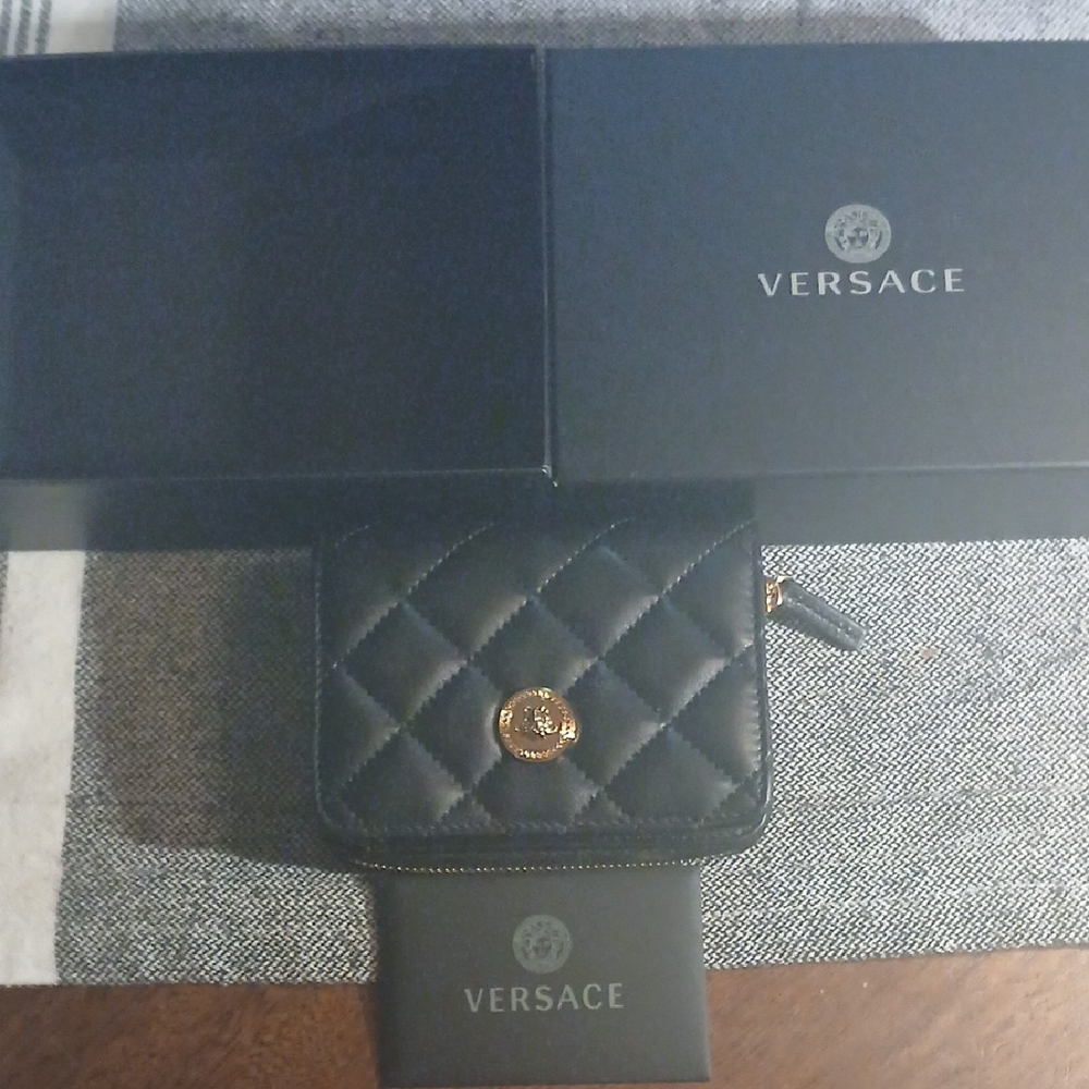 Versace Black Quilted Leather Wallet with Gold Medusa Logo